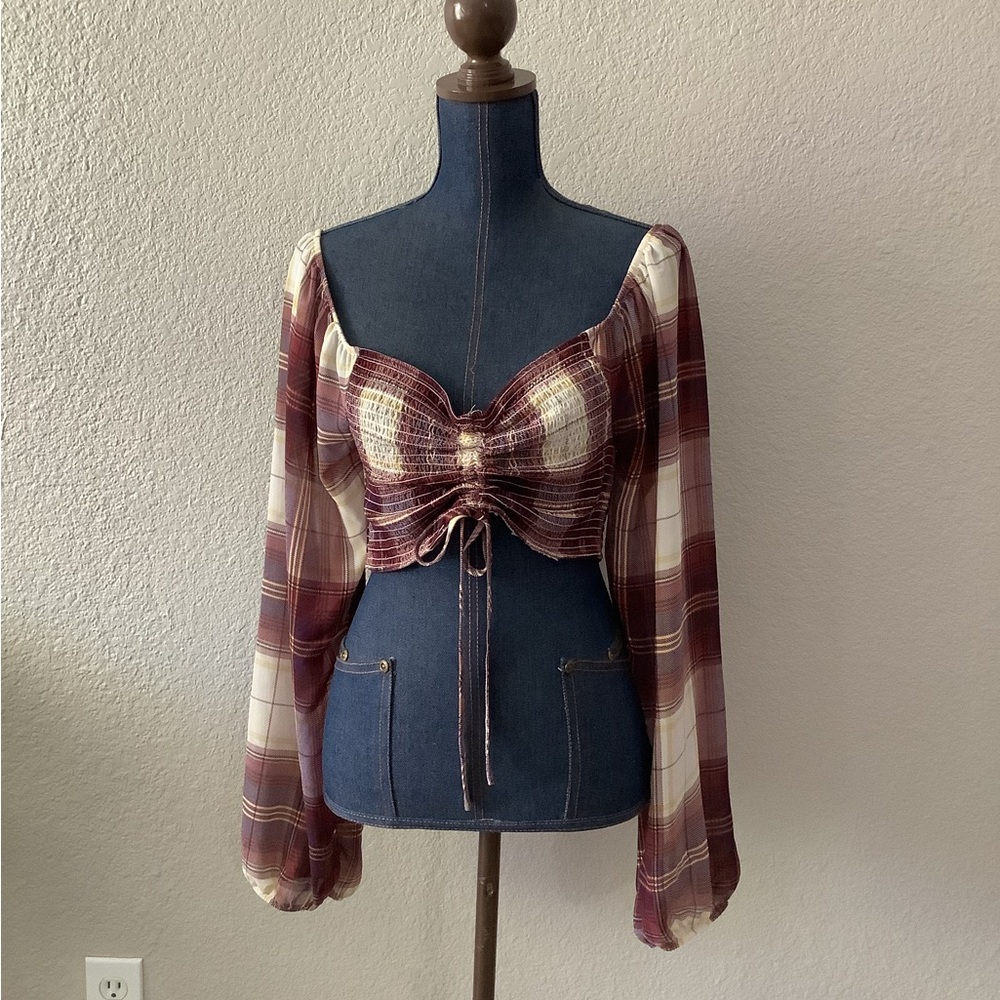 J for Justify Maroon Cream Plaid Long Sleeve Crop Top Juniors Size XL NWOT